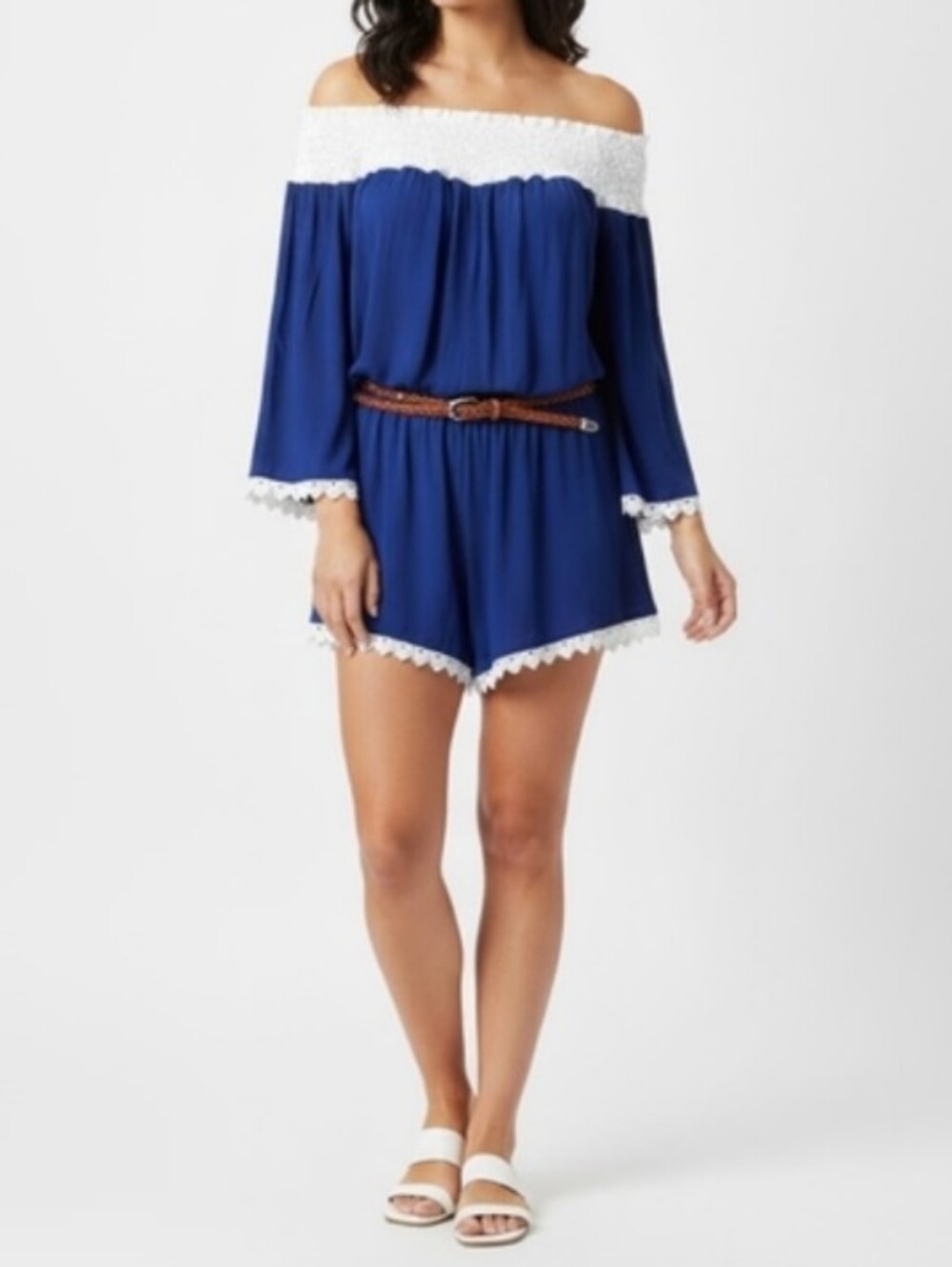 Off Shoulder Boho Romper Flare Sleeve Lace Trim Shorts Blue White One Size